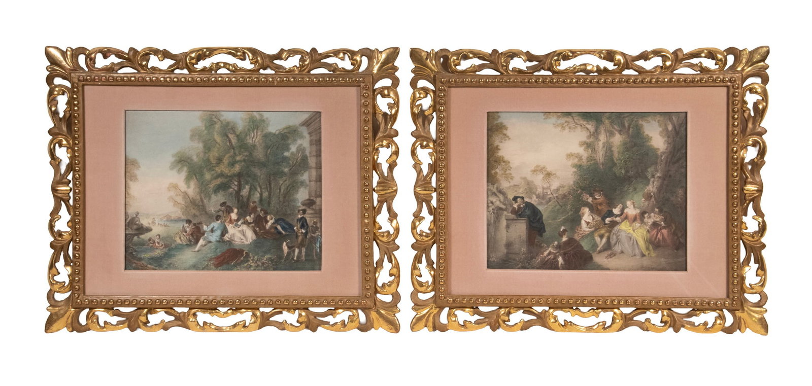 JEAN-BAPTISTE PATER (FRANCE, 1695-1736): JEAN-BAPTISTE PATER (FRANCE, 1695-1736) (2) Fete Champetre, hand colored engraving on paper, by the student of Watteau, in matching Florentine style pierced giltwood frames, matted under glass. OS: