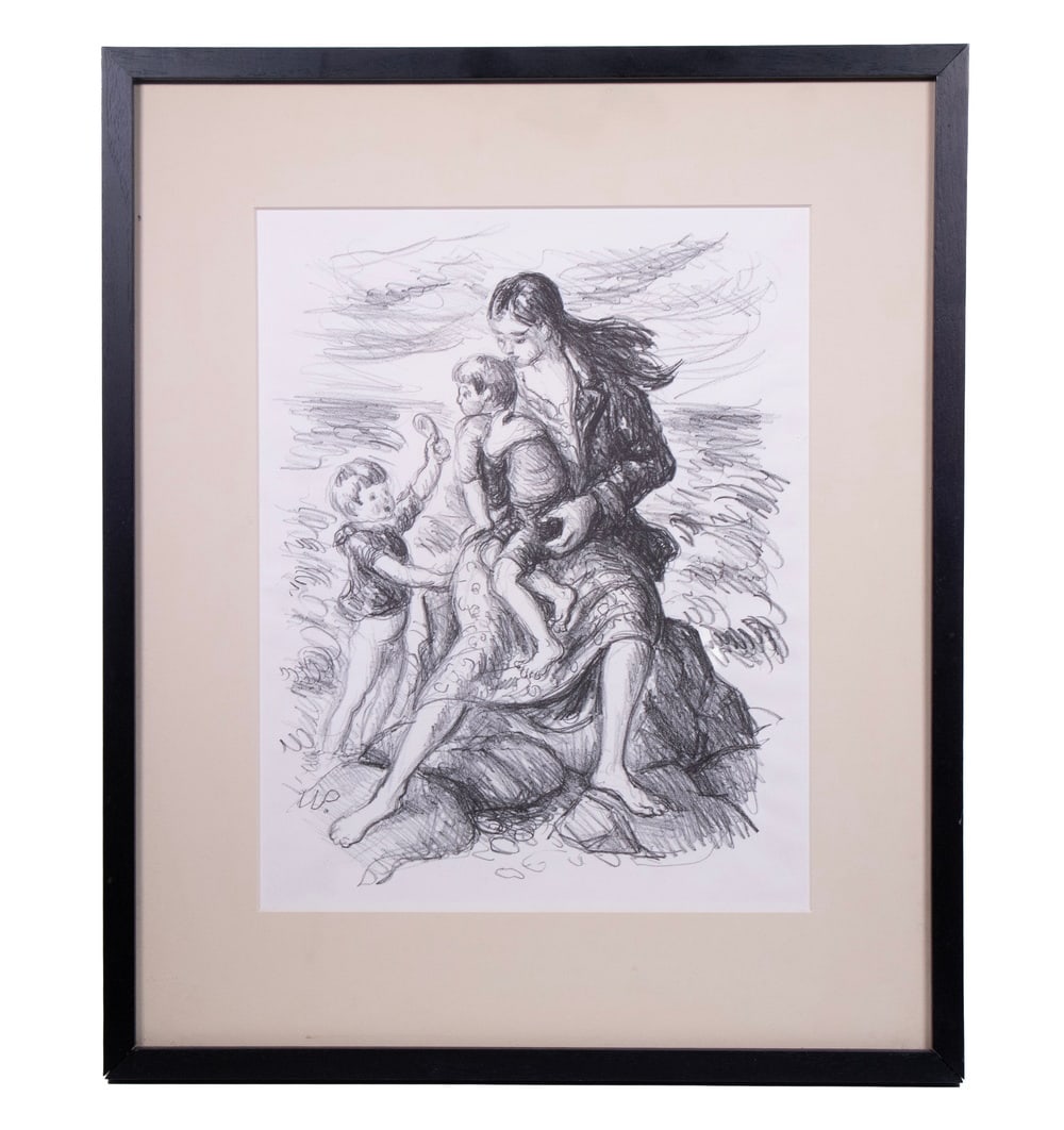 WALDO PEIRCE (NY/ME/MA, 1884-1970): WALDO PEIRCE (NY/ME/MA, 1884-1970) "On the Beach", stone lithograph, initialed in print lower left, with copy of American Associated Artists label verso, in black box frame, matted under UV glass.