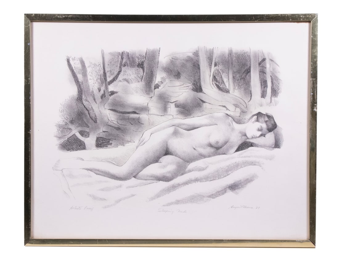 AUGUST MOSCA (NY, NY/ITALY, 1907-2003): AUGUST MOSCA (NY, NY/ITALY, 1907-2003) "Sleeping Nude", silverpoint, pencil signed with date '69, titled and marked as an artist's proof, in gold metal casement frame, under glass. OS: 17 x 21 1/2