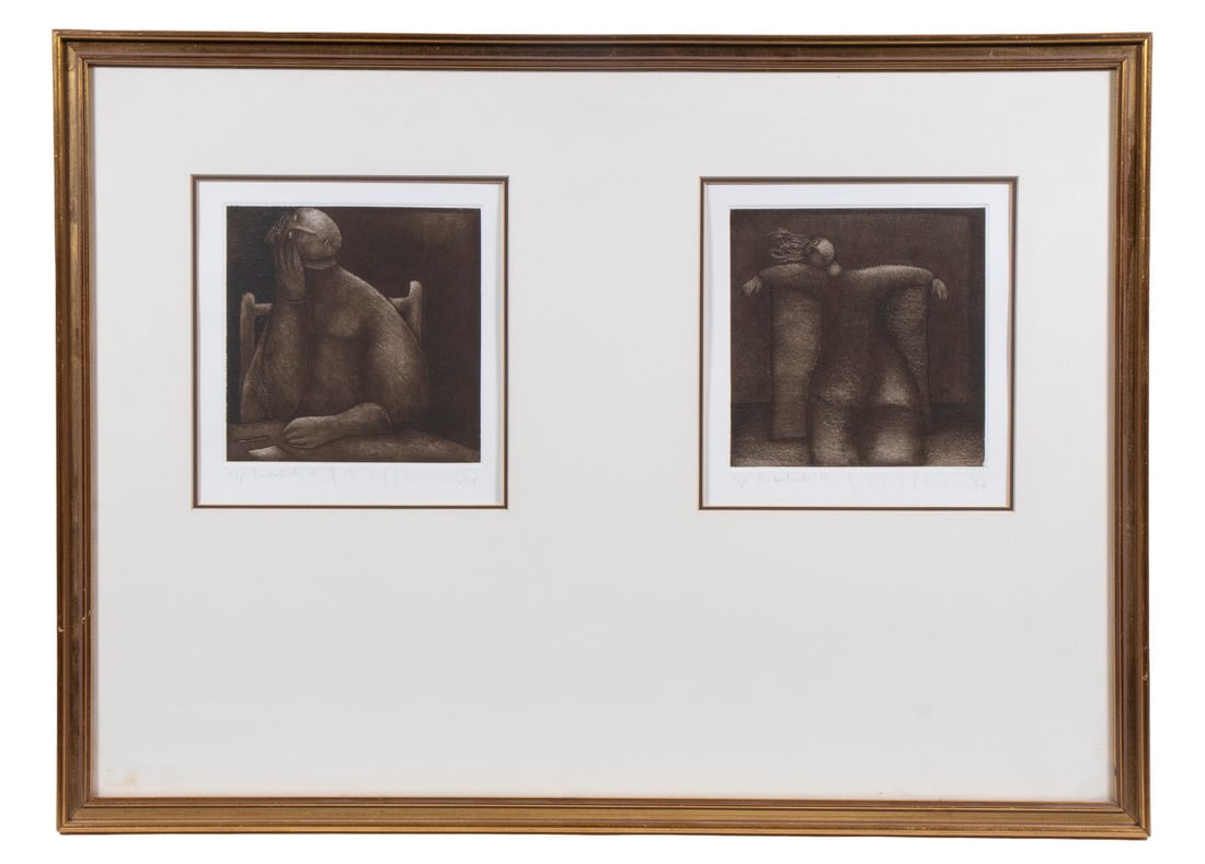 ENG TAY (NY/MALAYSIA, 1947 -): ENG TAY (NY/MALAYSIA, 1947 - ) "Interlude II & V", a pair of aquatint etchings in one frame, depicting people in dark interiors, pencil signed, dated '87, both marked as artist's proof, having
