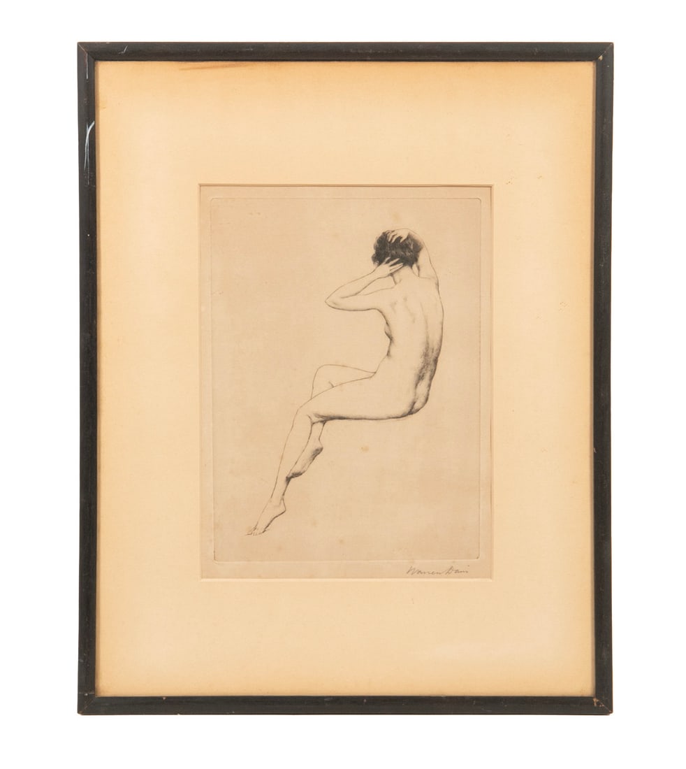 WARREN DAVIS (NY, 1868-1928): WARREN DAVIS (NY, 1868-1928) "After the Bath", circa 1920, etching on Rives paper, pencil signed, original label verso from Kennedy & Co of 5th Ave, in black stick frame, matted under glass. OS: 14