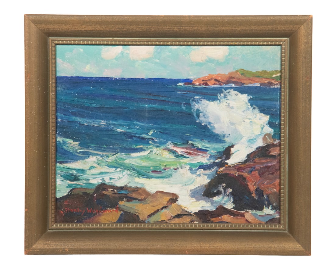 STANLEY WINGATE WOODWARD (MA, 1890-1970): STANLEY WINGATE WOODWARD (MA, 1890-1970) "Red Rocks and Silver Water", oil on canvas board, signed lower left, titled and signed verso, in gold painted molded frame. OS: 10 x 12 in. (25.4 x 30.5