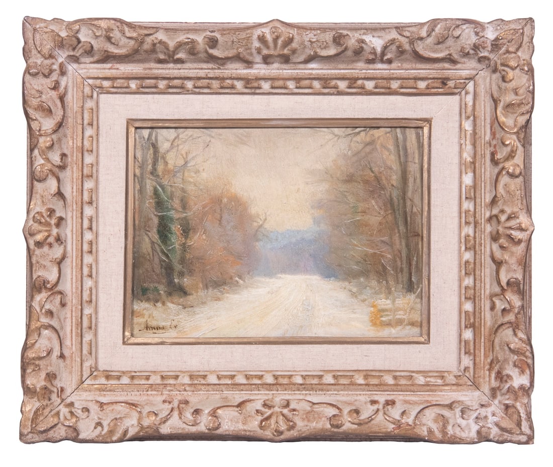 AMERICAN IMPRESIONIST WINTER LANDSCAPE: AMERICAN IMPRESIONIST WINTER LANDSCAPE Snowy Road trough Forest, oil on chamfered mahogany panel, signed 'Anna Ey' (?) lower right, in hand carved white washed gold frame with linen liner. From the