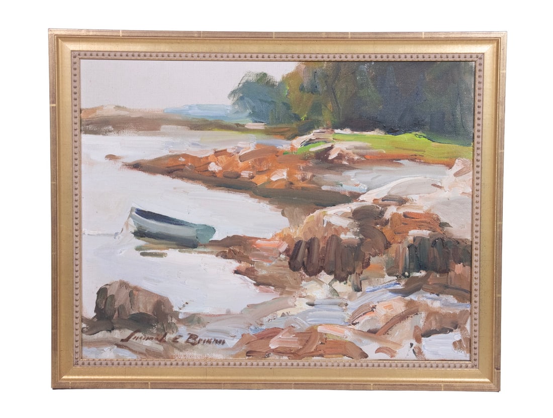 SAMUEL EMMONS BROWN (CT/MA, 1886-1964): SAMUEL EMMONS BROWN (CT/MA, 1886-1964) Maine Coastal Inlet with Skiff, oil on canvas, signed lower left, in gilt cove frame. OS: 16 1/2 x 20 1/2 in. (41.9 x 52.1 cm.), SS: 13 1/2 x 17 1/2 in. (34.3 x