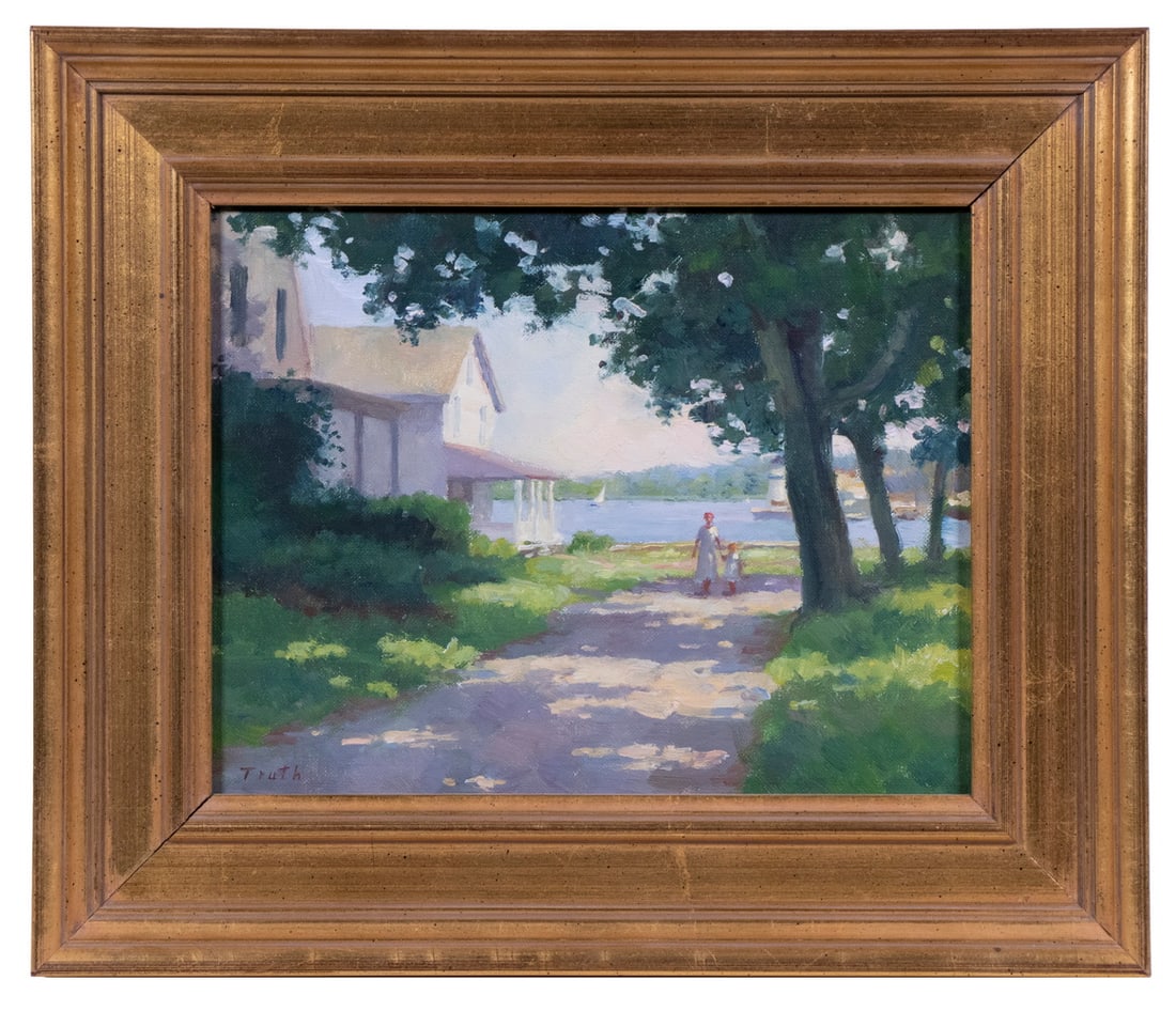 DANIEL (DAN) TRUTH (CT/MI, 1949-): DANIEL (DAN) TRUTH (CT/MI, 1949- ) "Summer Morning, Mystic", oil on canvas, signed lower left, signed, titled and dated 1996 verso. In molded gold metal leaf wood frame. Original price $2500. OS: 11
