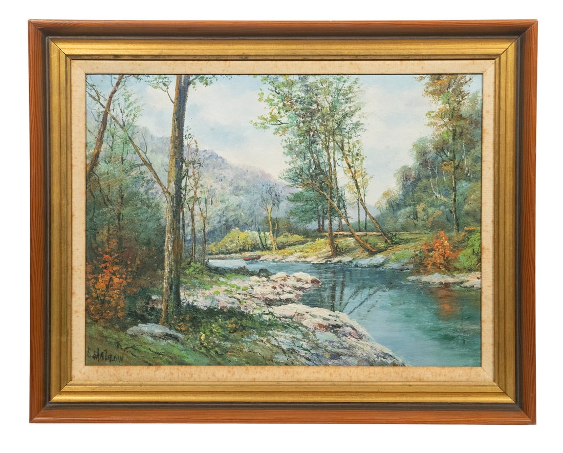 F. MATZOW, HANDEL LAMP CO. PAINTER: F. MATZOW, HANDEL LAMP CO. PAINTER New England Mountain Stream, oil on board, signed lower left, painted by Frederick Matzow (1861-1938), who decorated glass shades for the Handel Lamp Co. of