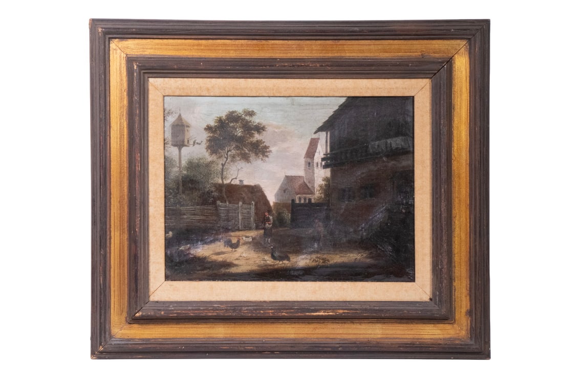 FLEMISH FARMYARD AND CHURCH PAINTING, CIRCA 1880: FLEMISH FARMYARD AND CHURCH PAINTING, CIRCA 1880 Small Genre View of a woman feeding chickens in the yard, village behind, large birdhouse on pole to left, in gold and walnut painted molded panel