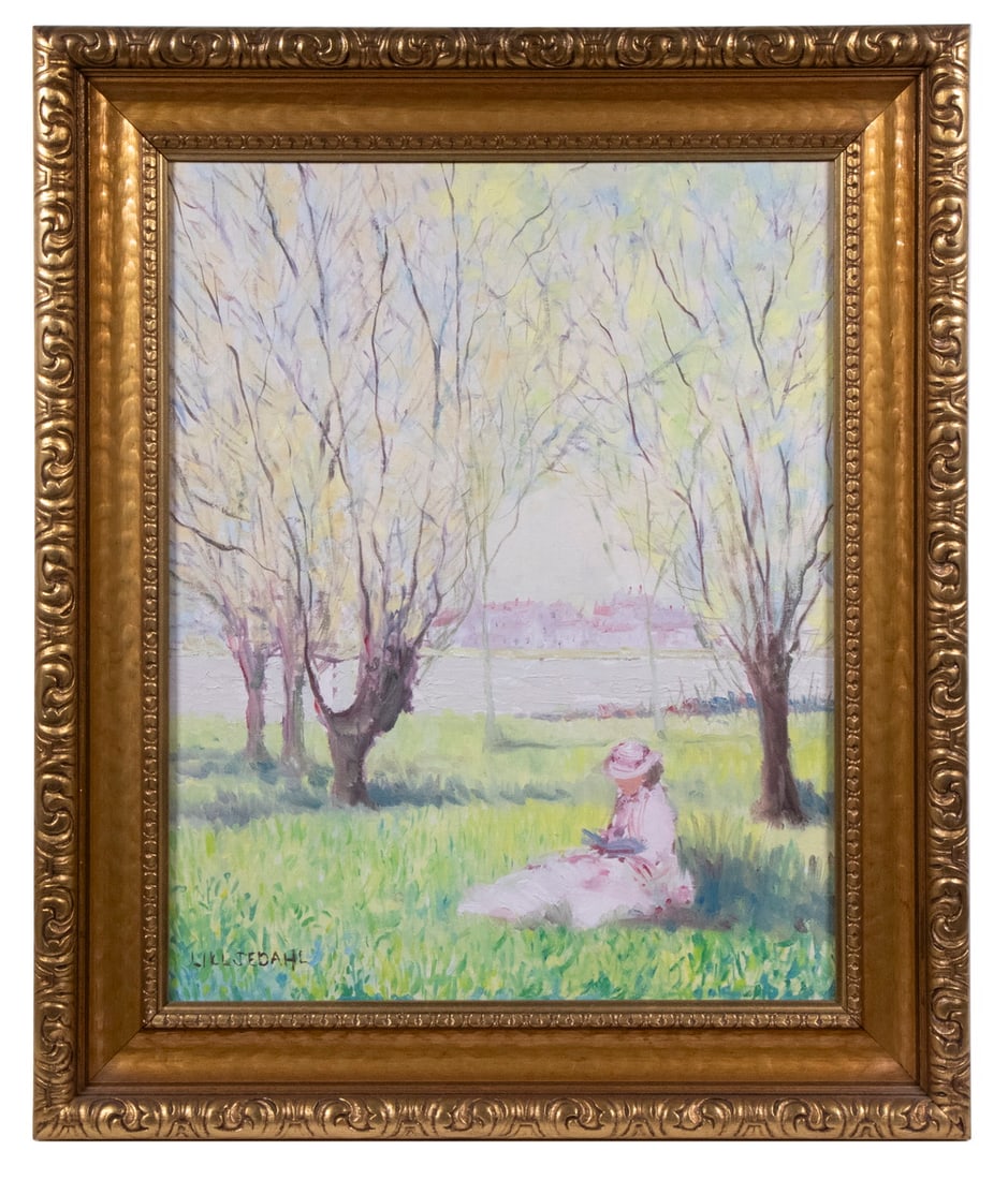 LILLJEDAHL LANDSCAPE WITH FIGURE: LILLJEDAHL LANDSCAPE WITH FIGURE Woman Reading in Riverside Orchard, oil on canvas board, signed "Lilljedahl" lower left, in gilt carved cove frame. OS: 25 1/2 x 21 1/2 in. (64.8 x 54.6 cm.), SS: 19