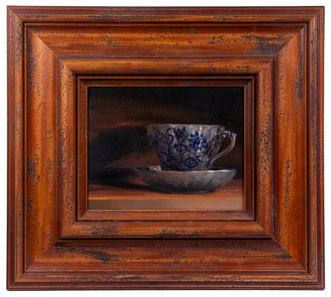 TED JULIEN ARNOLD (ME/NH/NJ, 1956 -): TED JULIEN ARNOLD (ME/NH/NJ, 1956 - ) "Friendship Tea Cup", oil on linen, signed and titled verso, in a wide molded distressed wood frame. OS: 18 x 24 in. (45.7 x 61 cm.), SS: 8 x 10 in. (20.3 x 25.4