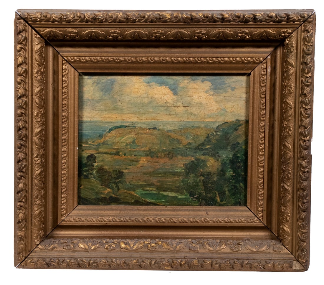 IMPRESSIONIST VIEW OF HILLY HARBOR, SIGNED 'DAVIS': IMPRESSIONIST VIEW OF HILLY HARBOR, SIGNED 'DAVIS' Small Harbor surrounded by promontories, probably California, circa 1890, signed lower left (hidden by frame), oil on mahogany panel, in gold
