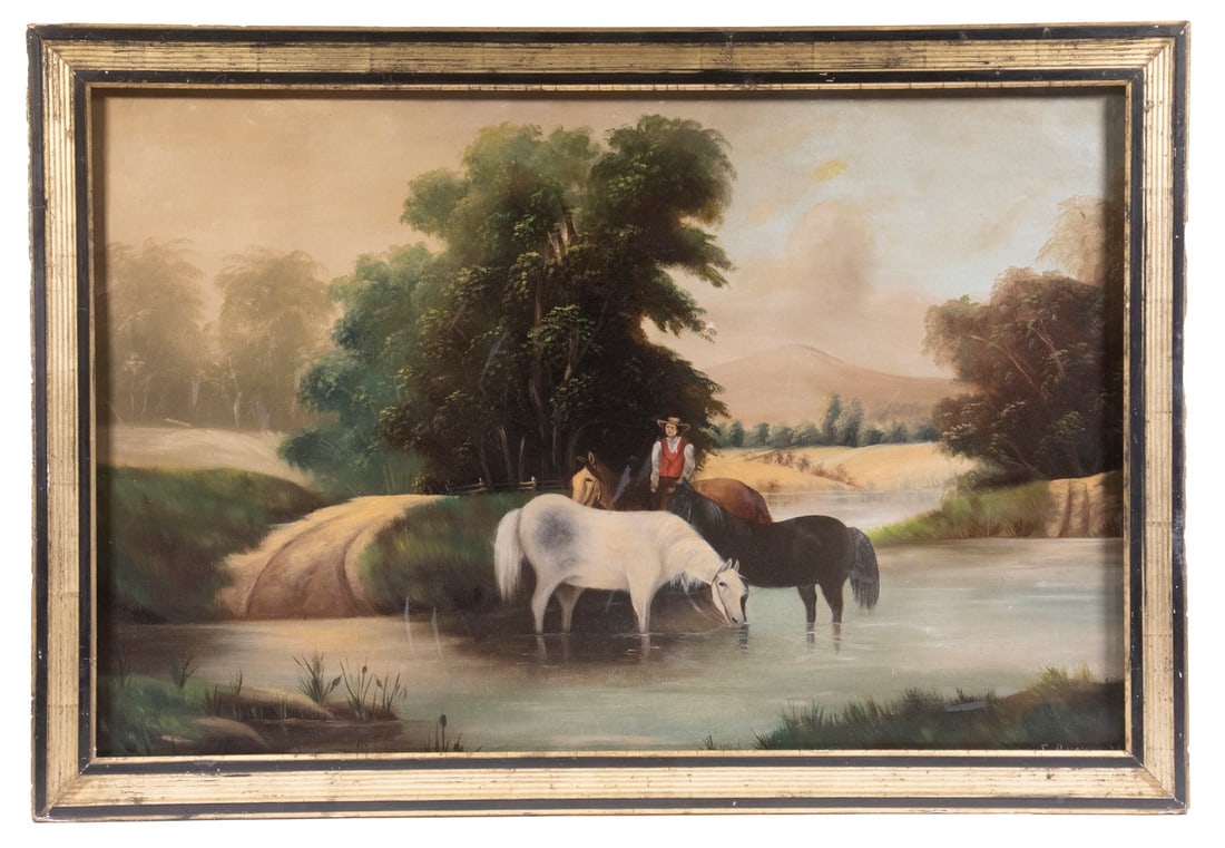 NAIVE PASTORAL PAINTING SIGNED 'BROWN', DATED 1901: NAIVE PASTORAL PAINTING SIGNED "BROWN", DATED 1901 "New England Noontide", depicting a man watering three horses at a river ford, oil on canvas, signed and dated lower right, titled verso, in black