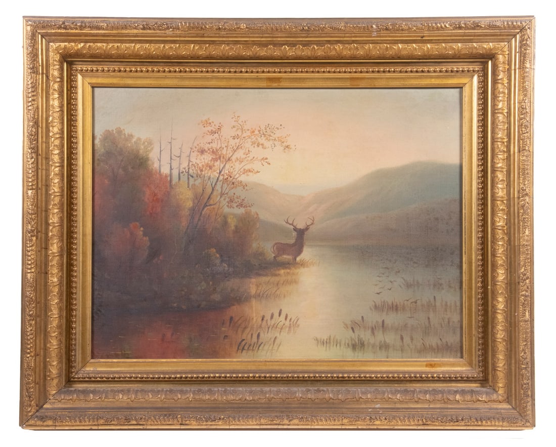 NAIVE LANDSCAPE PAINTING: NAIVE LANDSCAPE PAINTING Large Buck at Mountain Lake in Autumn, oil on canvas, unsigned, circa 1890, in gold gesso frame. OS: 20 x 25 in. (50.8 x 63.5 cm.), SS: 13 1/2 x 18 1/2 in. (34.3 x 47 cm.)