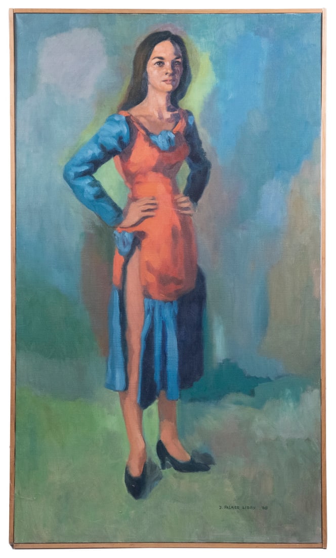 JAMES PALMER LIBBY (ME, 1928-2003): JAMES PALMER LIBBY (ME, 1928-2003) Full Length Portrait of "Pirate Jenny" from "Threepenny Opera" by Bertholt Brecht, oil on linen, signed lower right, dated '68. In pine slat frame. OS: 48 1/2 x 28