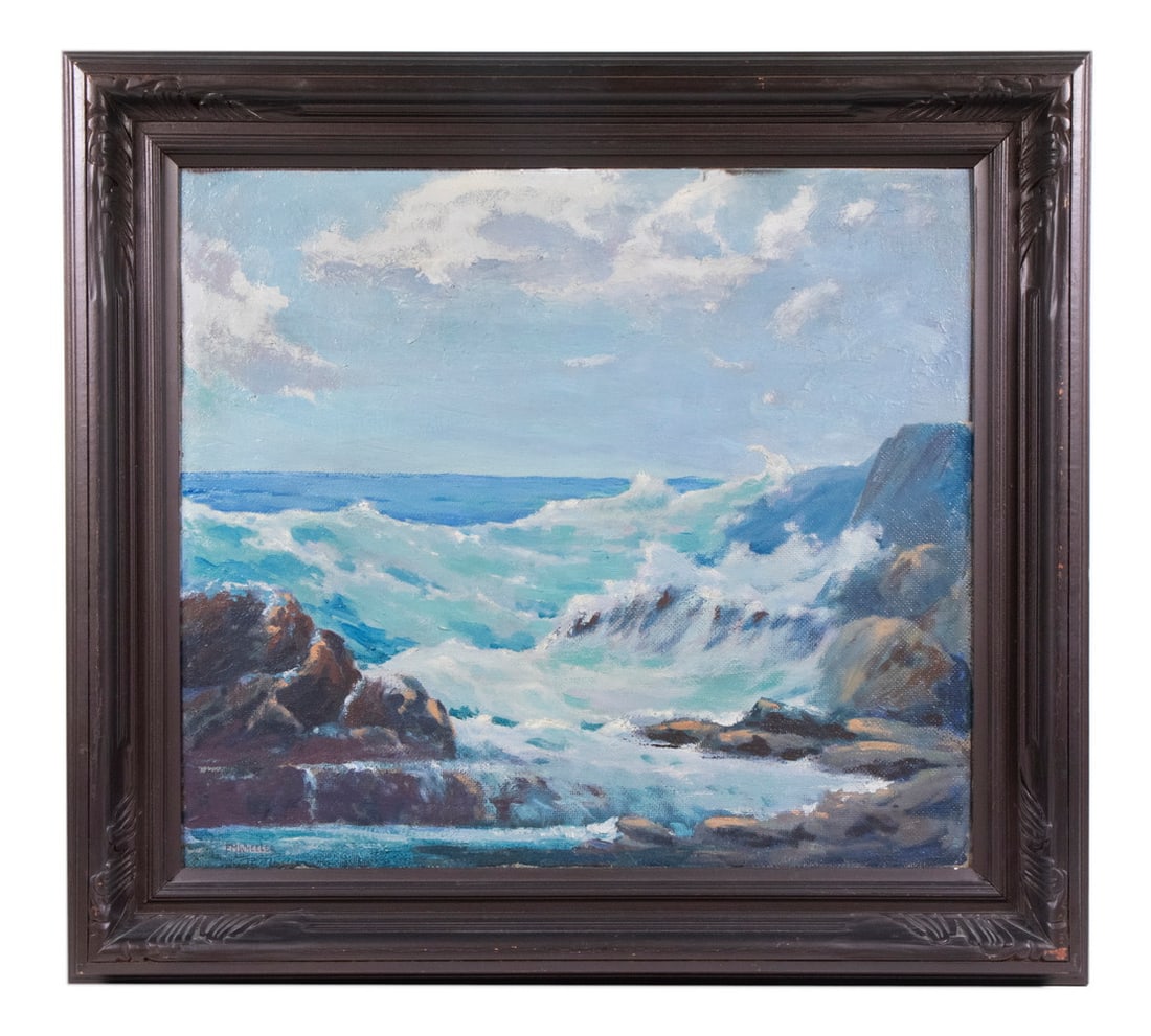 F. M. WHEELER (20TH C. MAINE): F. M. WHEELER (20TH C. MAINE) Rocky Whitecaps, oil on Masonite, signed lower left, in bronze finished Arts & Crafts matched corner cove frame. OS: 23 x 25 in. (58.4 x 63.5 cm.), SS: 17 1/2 x 19 1/2