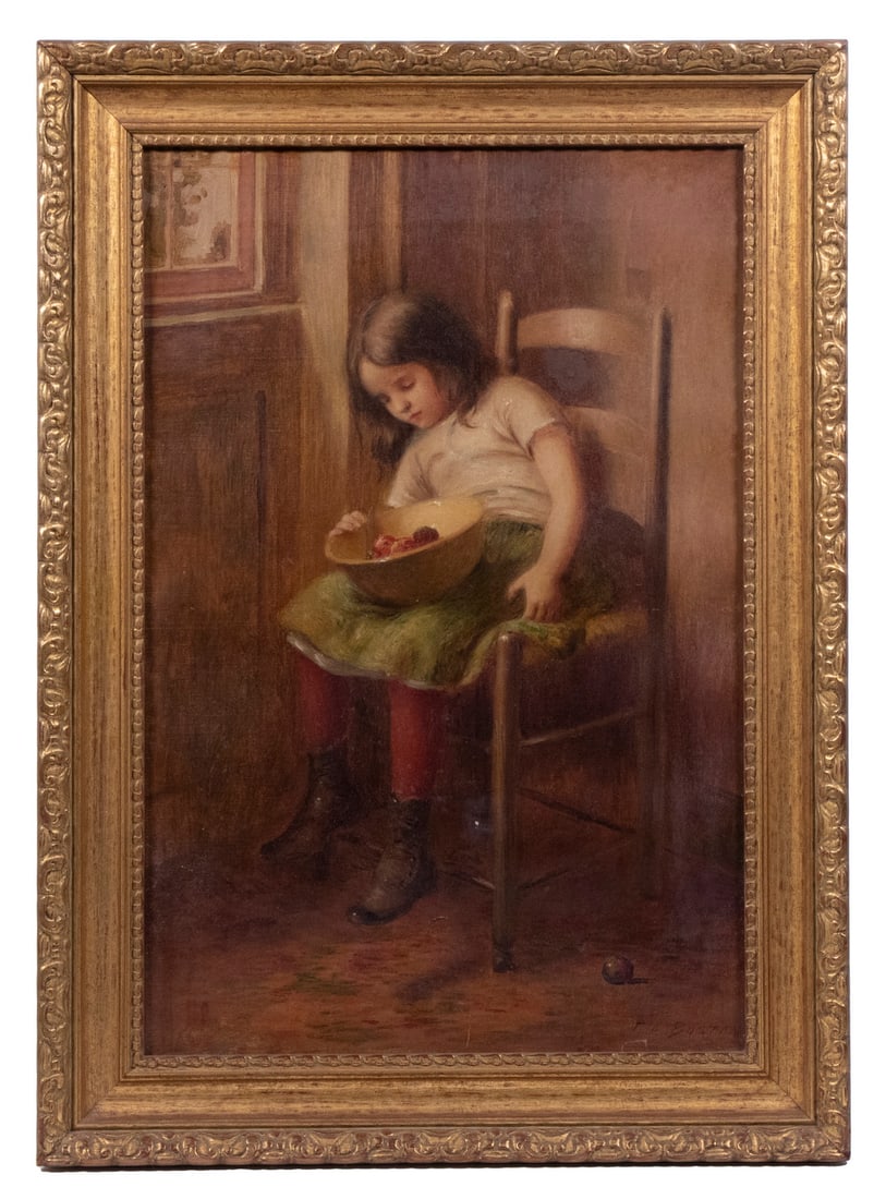 FREDERICK JAMES BOSTON (NY/CT, 1855-1932): FREDERICK JAMES BOSTON (NY/CT, 1855-1932) Young Girl Dozing Off while seated with a bowl of apples in her lap, oil on canvas, signed lower right, in carved gold cove frame. Small indentations. OS: 21