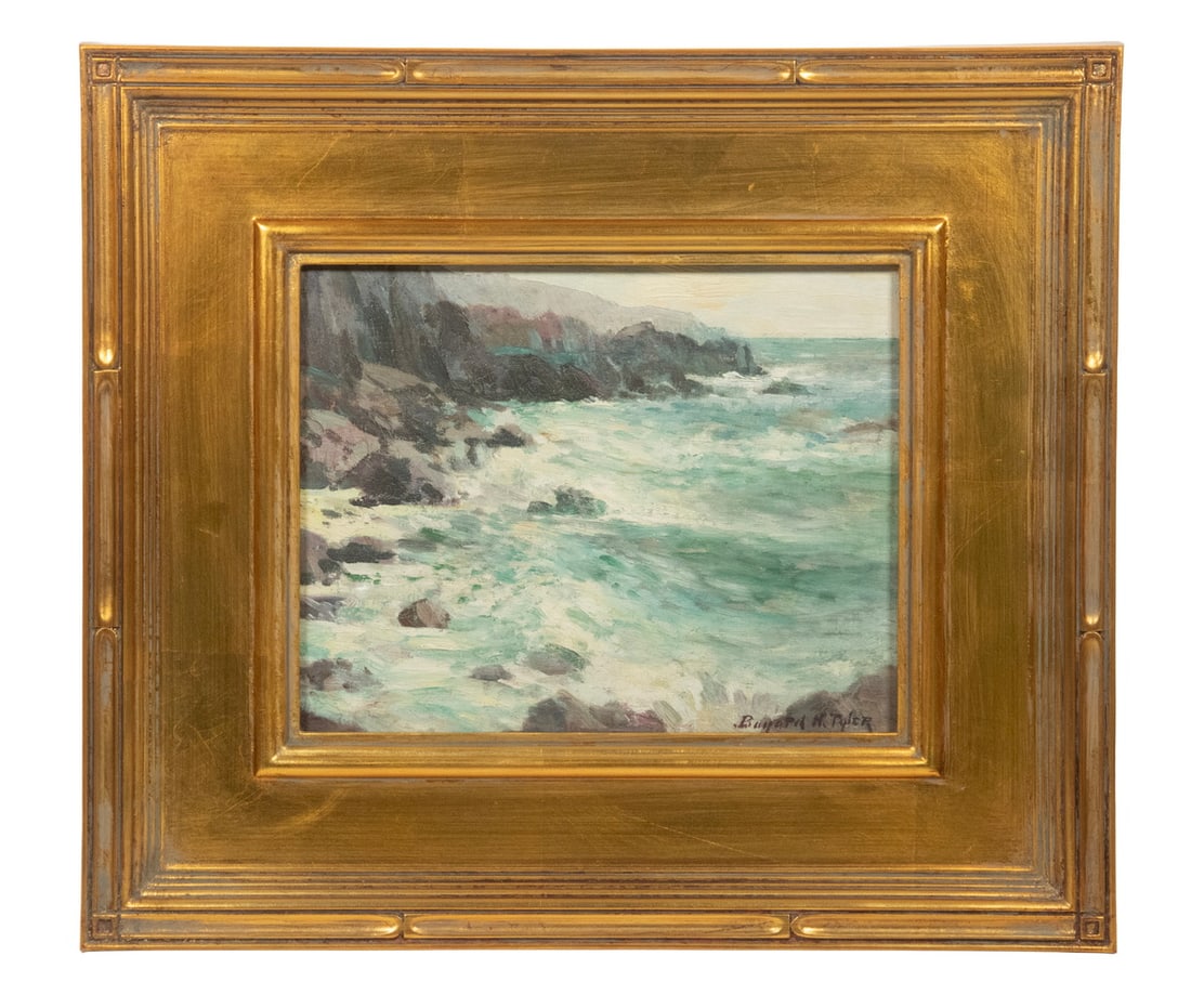 BAYARD HENRY TYLER (NY, 1855-1931): BAYARD HENRY TYLER (NY, 1855-1931) Maine Coast Seascape, oil on canvas board, signed lower right, in gold Arts & Crafts molded panel frame. OS: 14 x 16 in. (35.6 x 40.6 cm.), SS; 7 1/2 x 9 1/2 in. (19