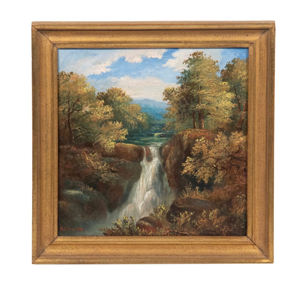 H. CHURCH (19TH C. AMERICAN): H. CHURCH (19TH C. AMERICAN) Small View of a Western Waterfall, signed lower left, circa 1889, in later gilt cove frame. Craquelure. OS: 11 1/2 x 11 1/2 in. (29.2 x 29.2 cm.), SS: 9 x 9 in. (22.9 x