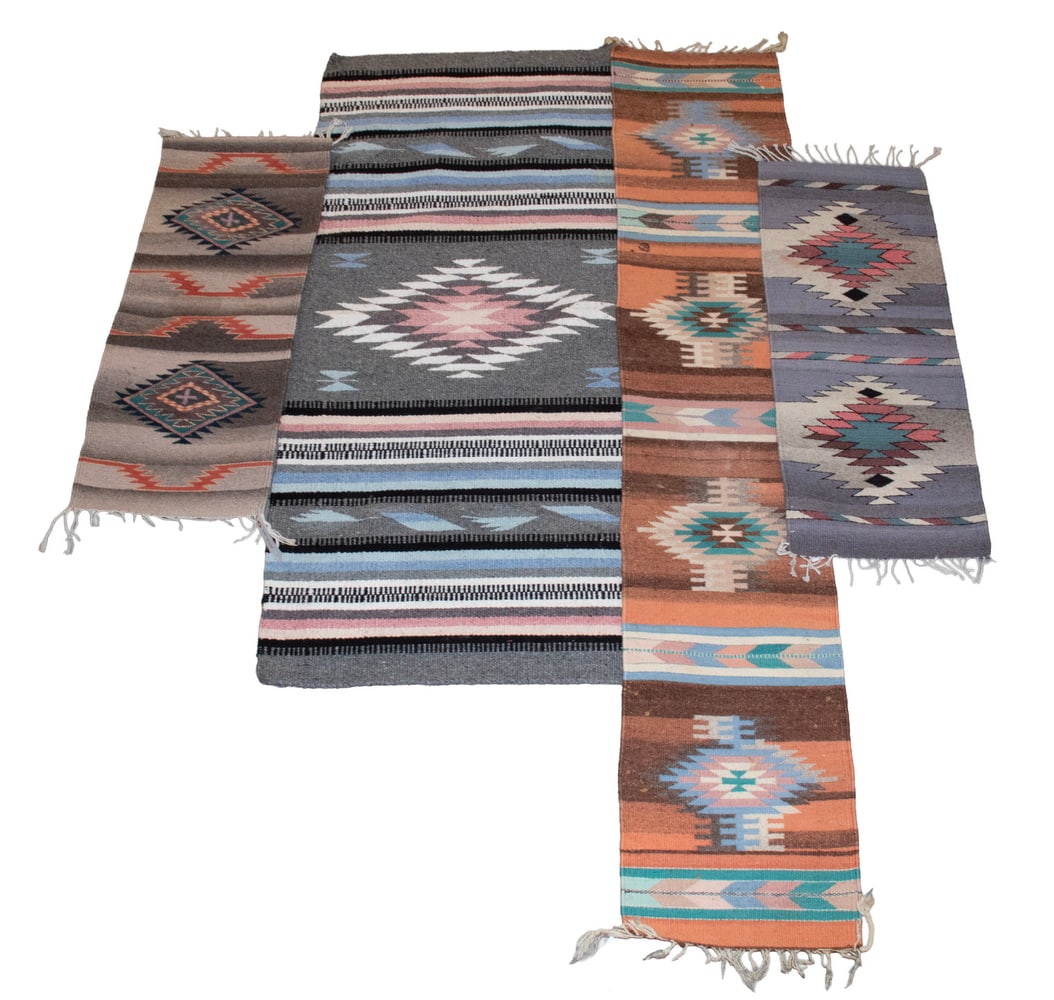 (4) MEXICAN ZAPOTEC RUGS: (4) MEXICAN ZAPOTEC RUGS Pastel grey/pink/blue/green. LGST: 28 x 61 in. (71.1 x 154.9 cm.), SMST: 15 x 37 in. (38.1 x 94 cm.)
