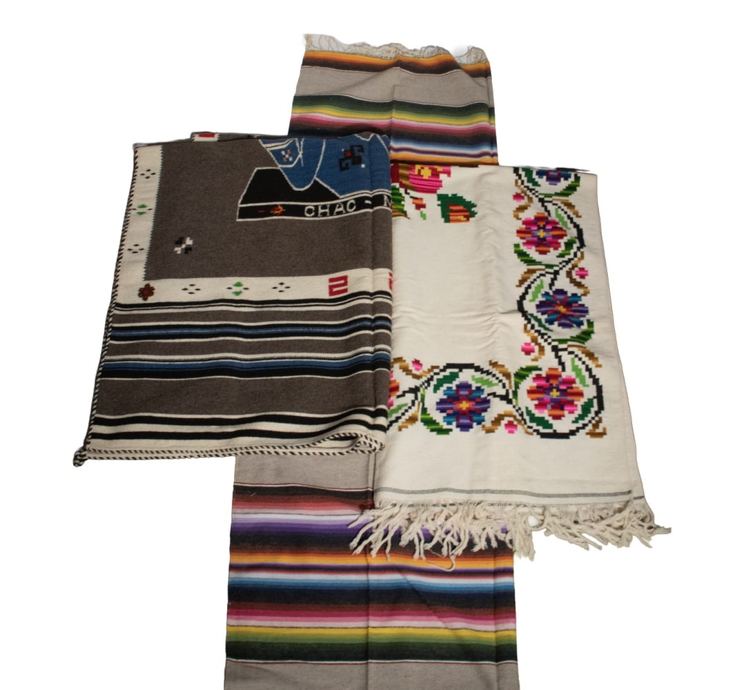 (3) MEXICAN WOVEN SERAPE BLANKETS, MID 20TH CENTURY (1 of 2)