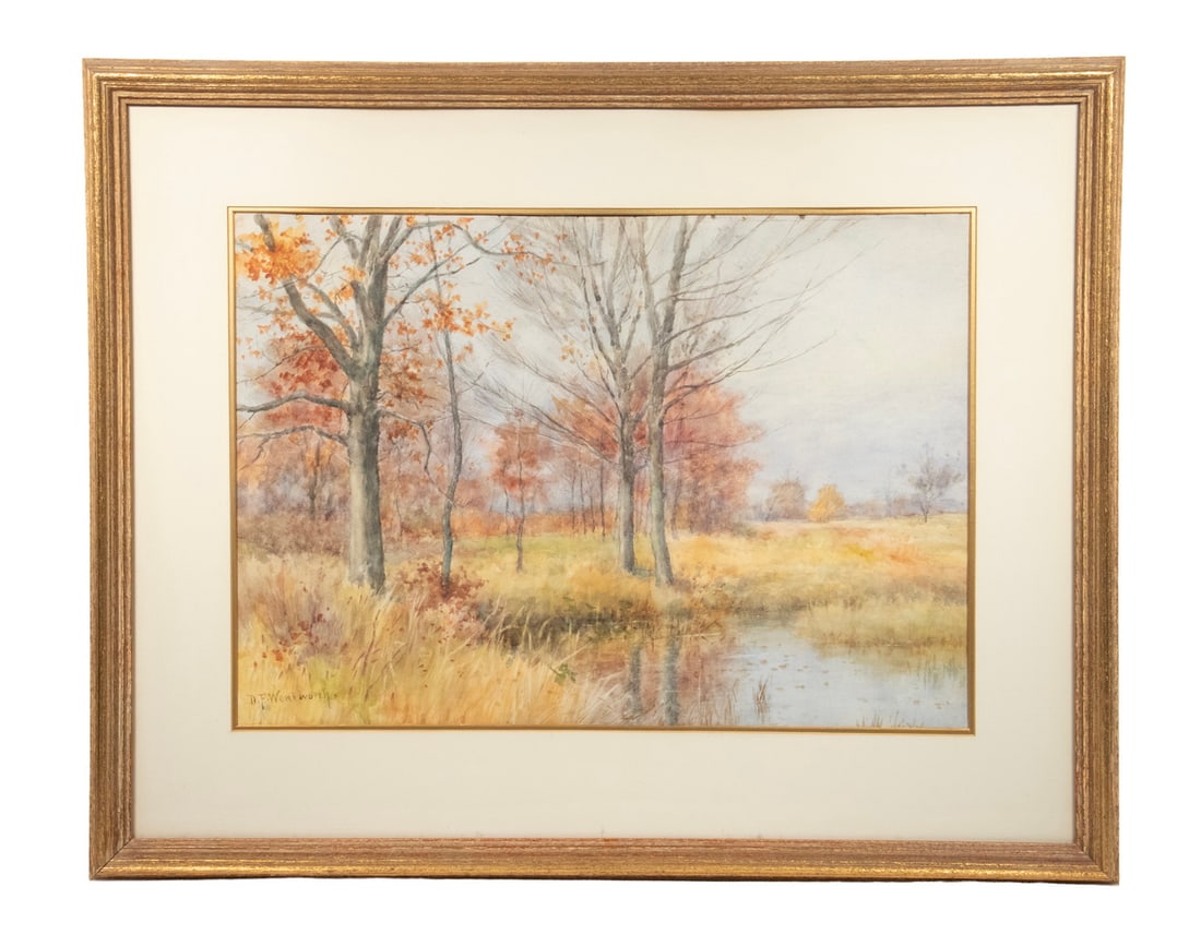 DANIEL F. WENTWORTH (ME/CT/NORWAY, 1850-1934): DANIEL F. WENTWORTH (ME/CT/NORWAY, 1850-1934) Connecticut Autumn Pasture, watercolor on paper, signed lower left, in gold molded frame, matted under glass. OS: 22 1/2 x 28 1/2 in. (57.2 x 72.4 cm.), S