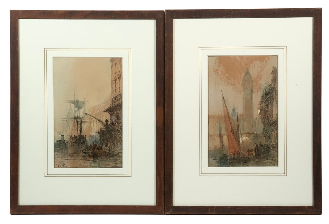 (2) VIEWS OF VENICE, 19TH CENTURY, INITIALED 'PM': (2) VIEWS OF VENICE, 19TH CENTURY, INITIALED 'PM' Grand Tour Impressionist studies, ink and watercolor on paper, in matching walnut stick frames, matted under glass. OS: 14 x 10 3/4 in. (35.6 x 27.3 c