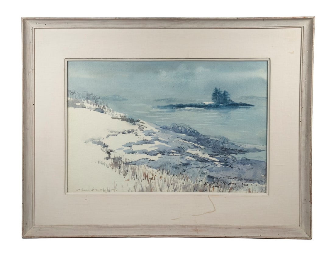 WILLIAM GOADBY LAWRENCE (NY/ME, 1913-2002): WILLIAM GOADBY LAWRENCE (NY/ME, 1913-2002) Maine Winter Shore, watercolor on paper, signed lower left, in whitewashed oak cove frame, with white painted linen mat, under glass. Scuff to mat. OS: 24 x 