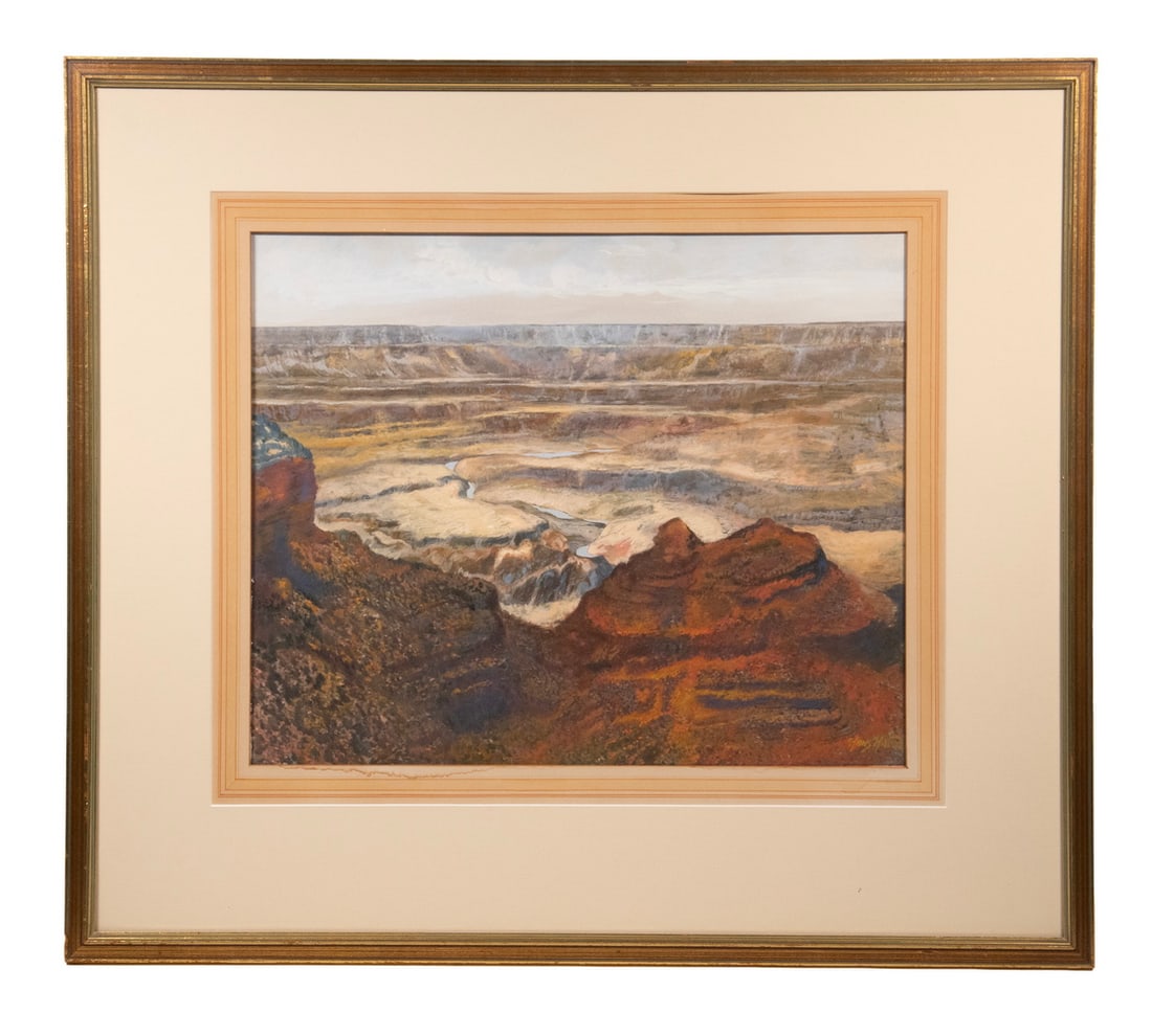 HANS H. VOLCK (20TH C. CLEVELAND, OHIO): HANS H. VOLCK (20TH C. CLEVELAND, OHIO) The Badlands, South Dakota, gouache on paper, signed lower right, in gold molded stick frame, under mat with old French ruled liner, under glass. OS: 23 x 26 in