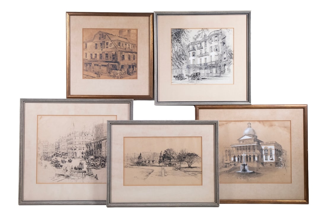 HARRY FENN (NY/NJ, 1845-1911): HARRY FENN (NY/NJ, 1845-1911) (5) Views of Boston, India ink on paper, all signed, probably intended as illustrations, including: "Old Corner Bookstore", "Beacon Street", "State House (before wings ad