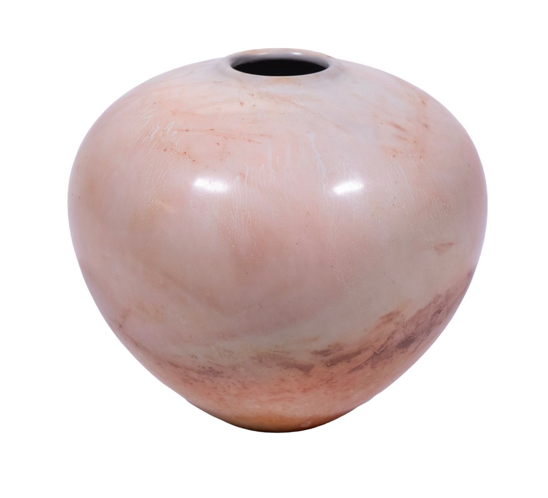 SCOTT TUBBY (US, CONTEMPORARY) ART POTTERY VASE: SCOTT TUBBY (US, CONTEMPORARY) ART POTTERY VASE Modernist Design Burnished and Sagger Fried Low Vase, ovoid form, signed "Tubby, 1988" on base. Size: 6 x 6 x 6 in. (15.2 x 15.2 x 15.2 cm.)