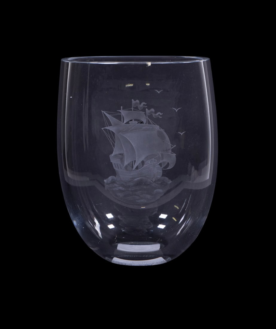 ORREFORS CRYSTAL VASE WITH ETCHED SAILING SHIP (1 of 3)