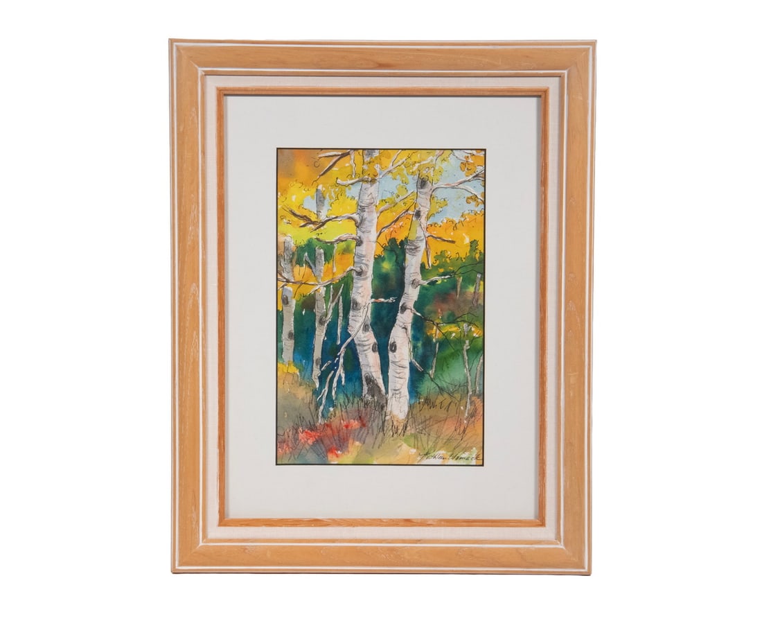 KATHLEEN WOMACK (GLENWOOD SPRINGS, CO): KATHLEEN WOMACK (GLENWOOD SPRINGS, CO) Quaking Aspens in Autumn, watercolor and ink on paper, signed lower right, in molded maple frame, matted under glass. OS: 19 x 15 in. (48.3 x 38.1 cm.), SS: 11 1