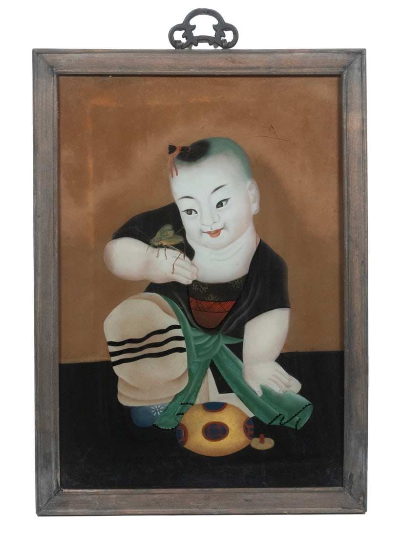 CHINESE REVERSE PAINTED CHILD PORTRAIT: CHINESE REVERSE PAINTED CHILD PORTRAIT Late 19th - Early 20th c. Image of Young Child, reverse painting on glass, unsigned, depicting a girl with a fly perched on her hand, in a carved wooden frame. F