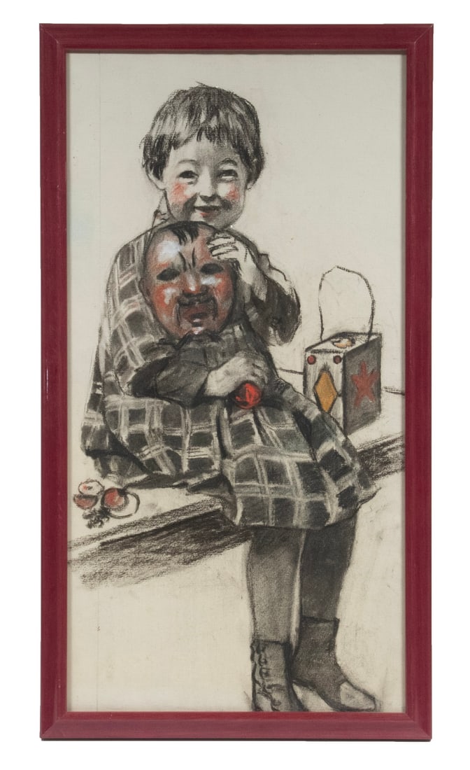 SARAH YOCUM MCFADDEN BOYLE (PA, 1866-1943): SARAH YOCUM MCFADDEN BOYLE (PA, 1866-1943) Girl with Mask and Lantern, charcoal and pastel drawing, unsigned, depicting a seated child ready for Halloween, in a burgundy lacquered wooden frame, glazed