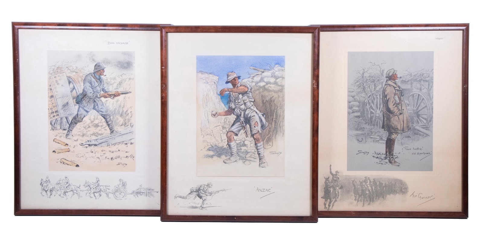 CHARLES JOHNSON PAYNE (UK, 1884-1967): CHARLES JOHNSON PAYNE (UK, 1884-1967) (3) WWI Military Scenes , all signed 'Snaffles" in the prints, photo lithos with faux pencil remarques on the lower mounts, titled 'Anzacs', 'Bon Voyage' and