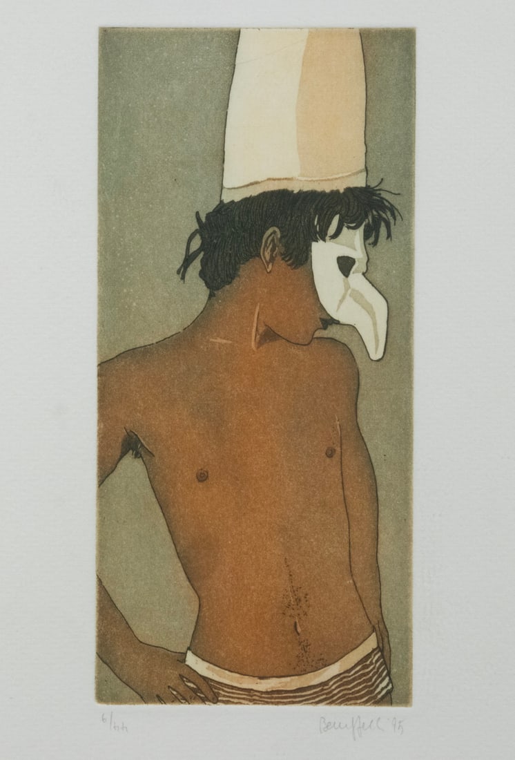 PAOLO BARUFFALDI (CONTEMPORARY VENICE): PAOLO BARUFFALDI (CONTEMPORARY VENICE) "Pulcinella", aquatint etching, pencil signed, dated '95, numbered 6/66, with embossed seal from BAC Art Studio, Venezia. In gold and green stick frame, under