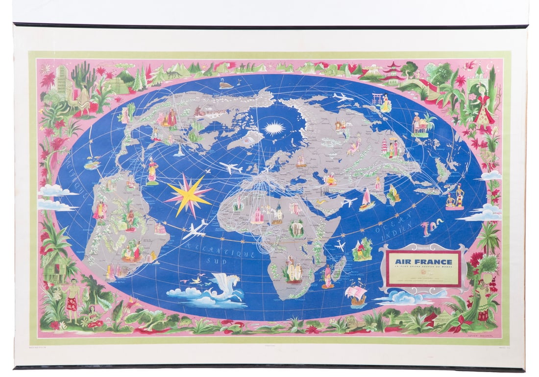 1959 AIR FRANCE POSTER, FRAMED: 1959 AIR FRANCE POSTER, FRAMED World Flight Routes, with graphic surround, landmarks, designed by Lucien Boucher, printed by Perceval of Rome, under plexi with masonite back, black edge clip framing