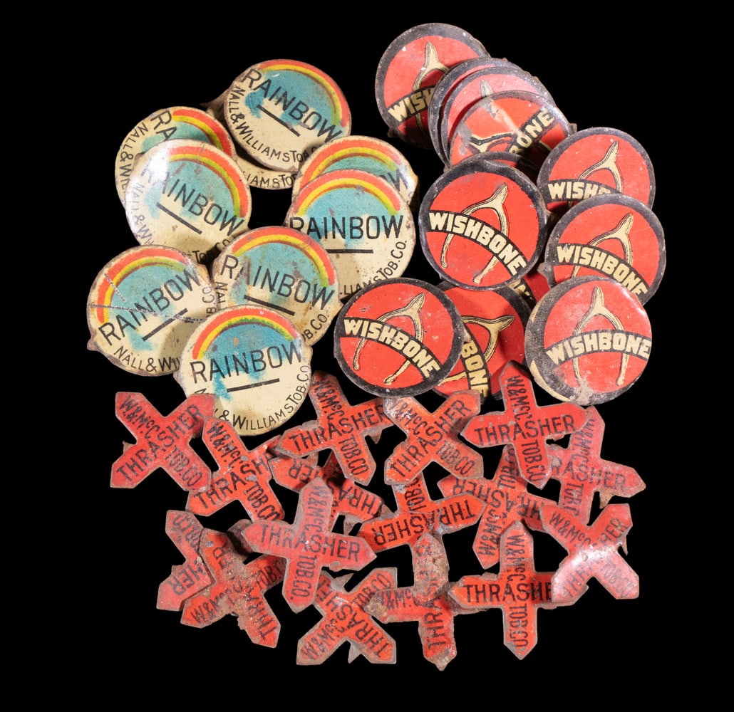 (38) TOBACCO TIN TAGS, INCLUDING WISHBONE, RAINBOW, AND THRASHER (1 of 1)