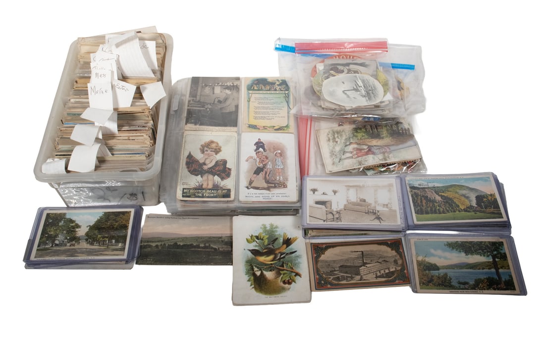 (APPROX 300) LOOSE VINTAGE POSTCARDS: (APPROX 300) LOOSE VINTAGE POSTCARDS Mostly lithos, circa 1900-1920, including bulk sorted by state, about 2/3 used. Set size: 5 x 12 x 22 in. (12.7 x 30.5 x 55.9 cm.)