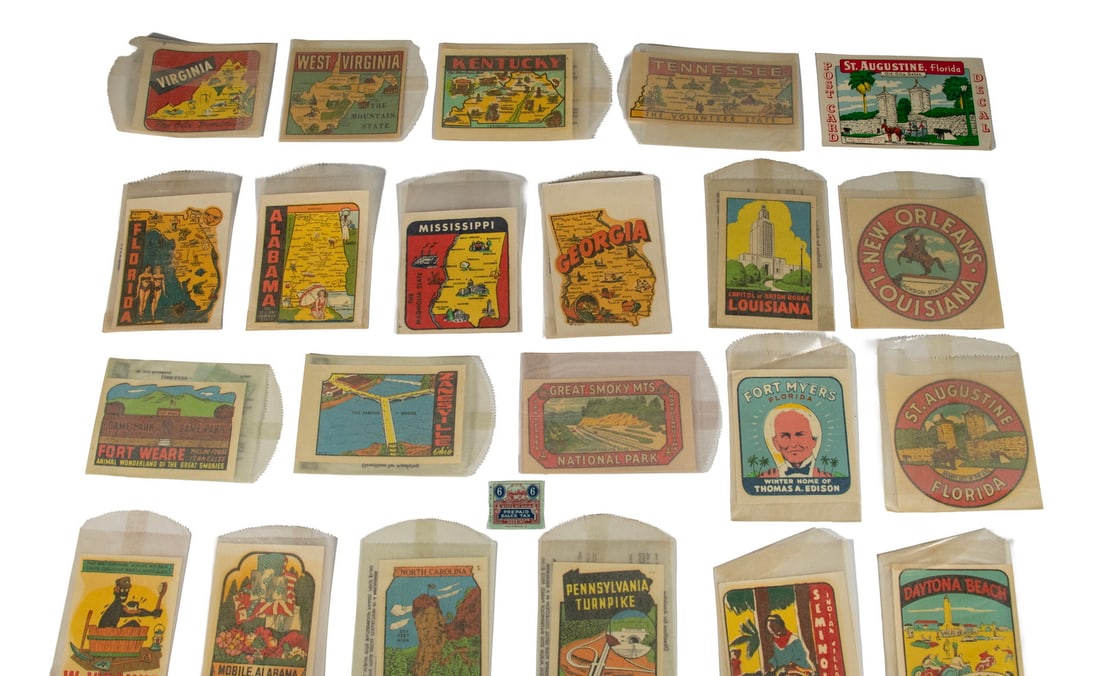 COLLECTION OF VINTAGE U.S. STATE TRAVEL DECALS, C. 1940 1950 (1 of 2)