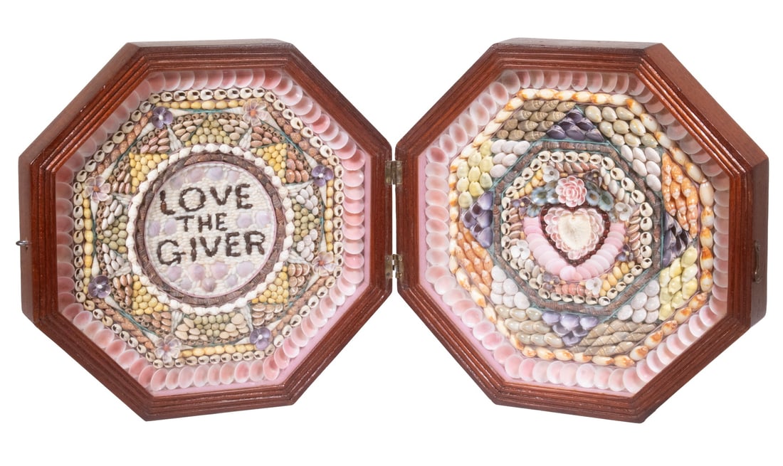 CASED DOUBLE SAILOR'S VALENTINE: CASED DOUBLE SAILOR'S VALENTINE 20th c. Finely Crafted Shellwork Keepsake, mounted in a mahogany hinged octagonal box, each side with glass interior lid, the shellwork interior left side spell out