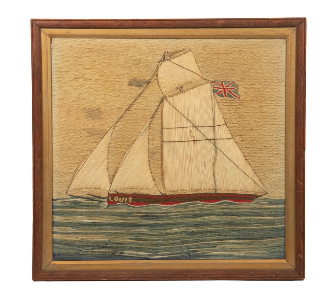 BRITISH SAILOR'S WOOLIE OF SCHOONER 'LOUIE': BRITISH SAILOR'S WOOLIE OF SCHOONER 'LOUIE' Fore-and-Aft Schooner with Main Topsail, port side view, with thin dark oak frame and gold liner, under glass. OS: 15 x 15 1/2 in. (38.1 x 39.4 cm.), SS: