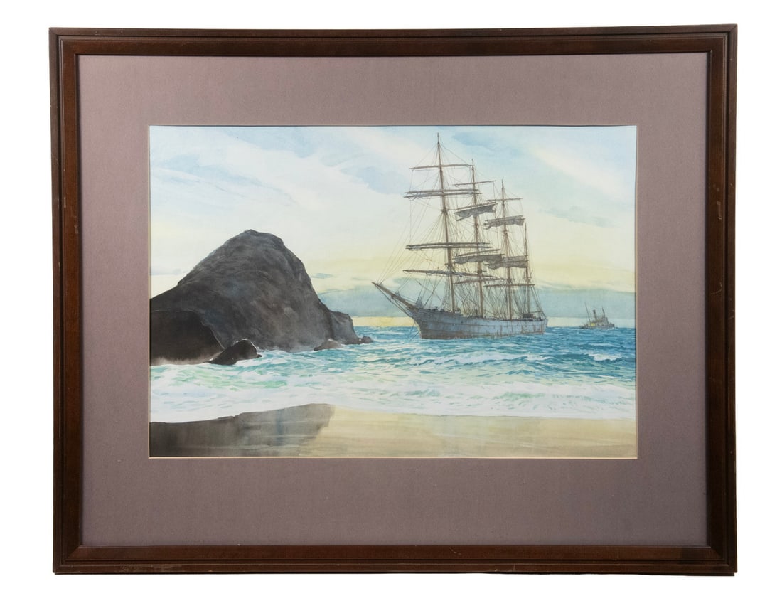 MARK RICHARD MYERS (SAN MATEO, CA, 1945 -): MARK RICHARD MYERS (SAN MATEO, CA, 1945 - ) Stranded Steel Hulled Sailing Ship with Tug Astern, watercolor on paper, unsigned, in walnut molded frame, matted under glass. OS: 23 1/2 x 29 1/2 in.