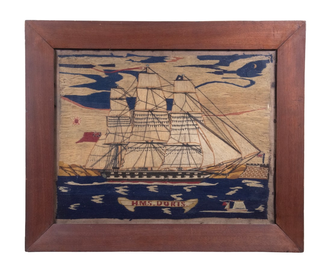 BRITISH SAILOR'S WOOLIE OF HMS 'DORIS': BRITISH SAILOR'S WOOLIE OF HMS 'DORIS' Woolwork Starboard View of HMS 'Doris' Passing the Portsmouth Light under full sail. Housed in the original mitered mahogany frame with the raw canvas tacking
