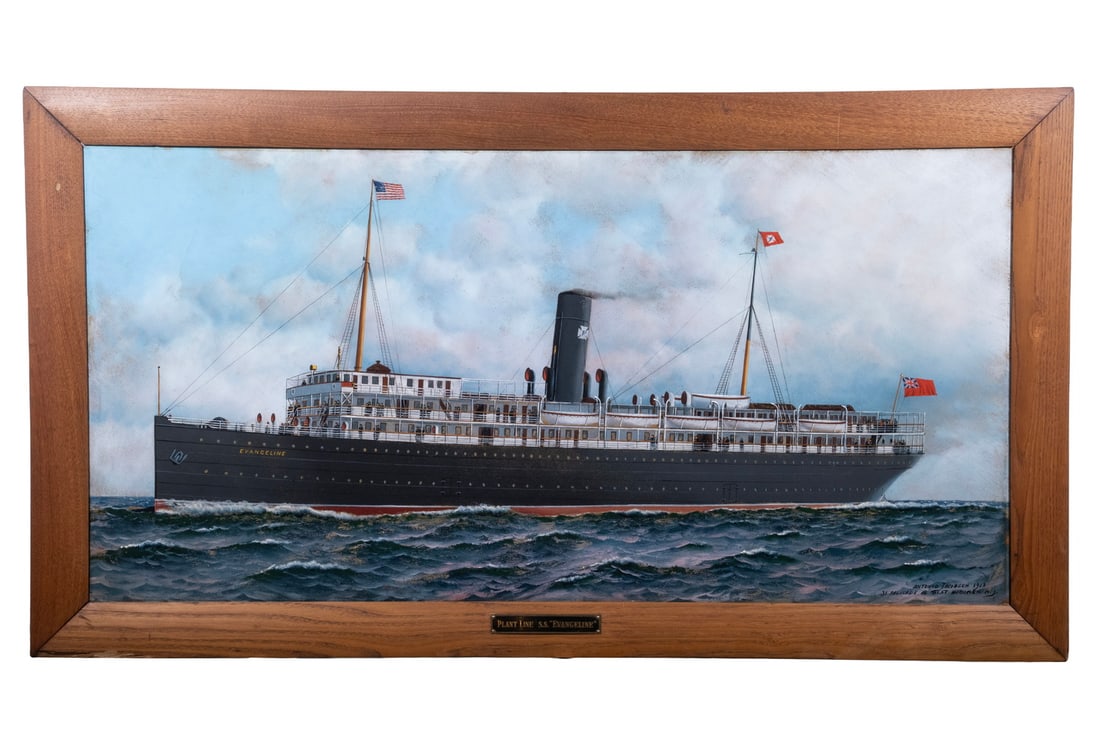 ANTONIO NICOLO GASPARO JACOBSEN (NY/NJ/DENMARK, 1850-1921): ANTONIO NICOLO GASPARO JACOBSEN (NY/NJ/DENMARK, 1850-1921) "Plant Line SS Evangeline", oil on academy board, signed lower right, dated 1913, and marked with artist's address of 31 Palisade Ave. West,