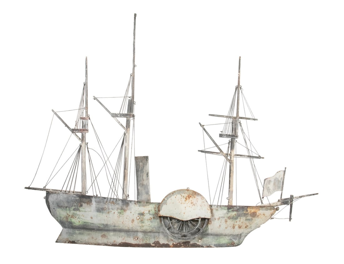 EXTERIOR DISPLAY COPPER STEAM/SAIL SHIP IN PROFILE: EXTERIOR DISPLAY COPPER STEAM/SAIL SHIP IN PROFILE Great wall hanger inside or out, copper relief plaque of a steam/sail sidewheel sailing ship circa 1880. Probably made twenty years ago, nice