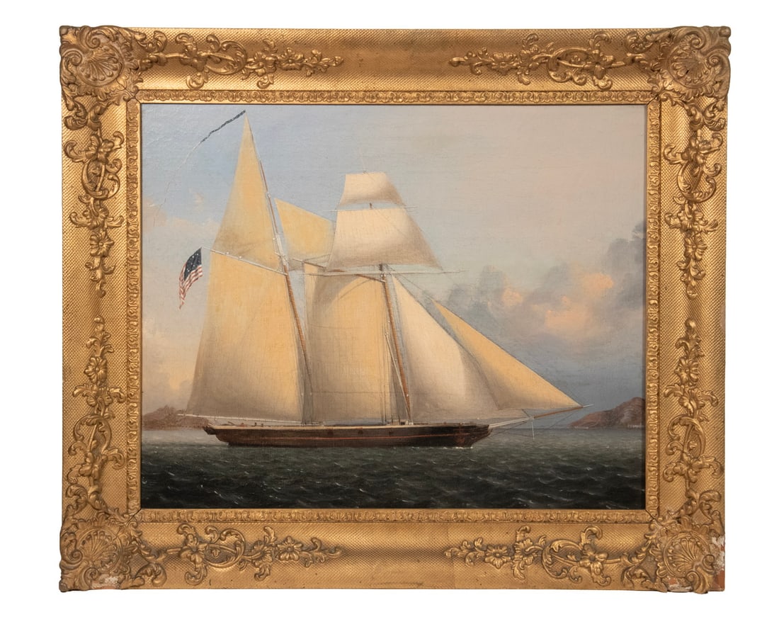 CHINA TRADE PAINTING OF US SCHOONER ENTERING PORT: CHINA TRADE PAINTING OF US SCHOONER ENTERING PORT Unidentified American Topsail Schooner approaching Hong Kong harbor, circa 1880, oil on canvas, unsigned, in the original matched corner gold frame.