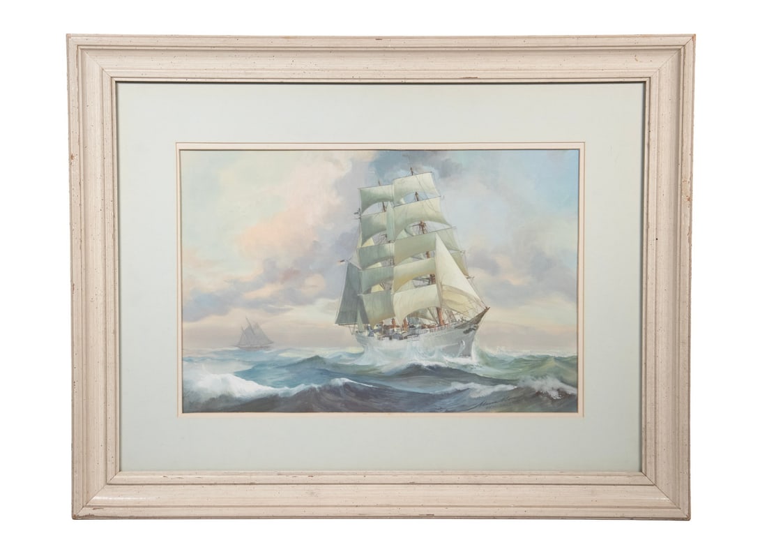 RAUL MINA-MORA (NY/CA, 1915-1996): RAUL MINA-MORA (NY/CA, 1915-1996) White Hulled Three Mast Bark under full sail in choppy sea, watercolor on paper, signed lower right. In white cove frame, matted under glass. OS: 21 x 27 in. (53.3 x