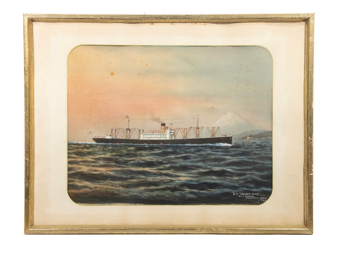 H. SHIMIDZU (EARLY 20TH C. JAPAN): H. SHIMIDZU (EARLY 20TH C. JAPAN) "S. S. Golden Hind", entering harbor with Mt. Fuji behind, watercolor and gouache on silk, signed lower right and dated 1938, marked Yokohama, in gilt molded frame,