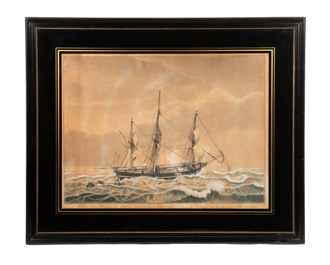 1813 W/C OF RUSSIAN SHIPWRECK ON GOTTLAND, SWEDEN: 1813 W/C OF RUSSIAN SHIPWRECK ON GOTTLAND, SWEDEN Grounded Sailing Ship under Russian flag, long boats of men in rough waves pulling away, black & white ink and gouache on paper, handwritten