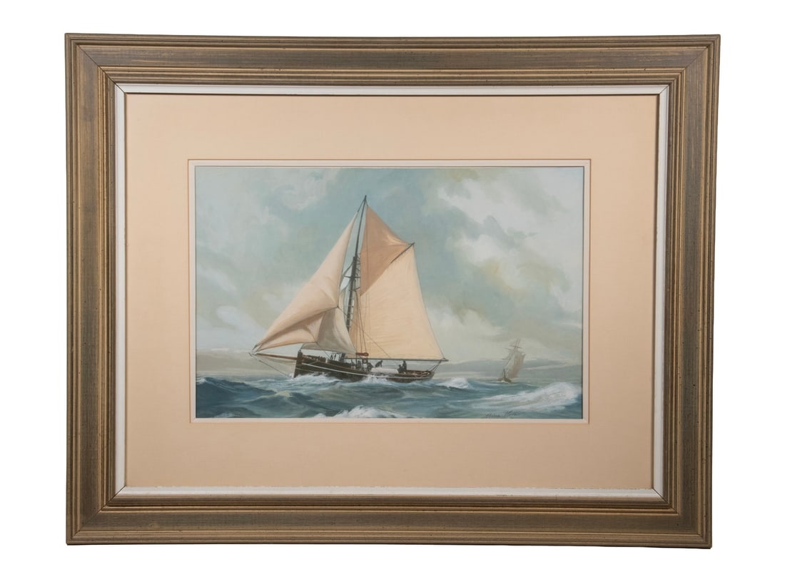 RAUL MINA-MORA (NY/CA, 1915-1996): RAUL MINA-MORA (NY/CA, 1915-1996) Black Hull Coastal Schooner Cutting into a Stiff Wind, watercolor on paper, signed lower right, in grey molded frame with white liner, matted under glass. OS: 22 1/2